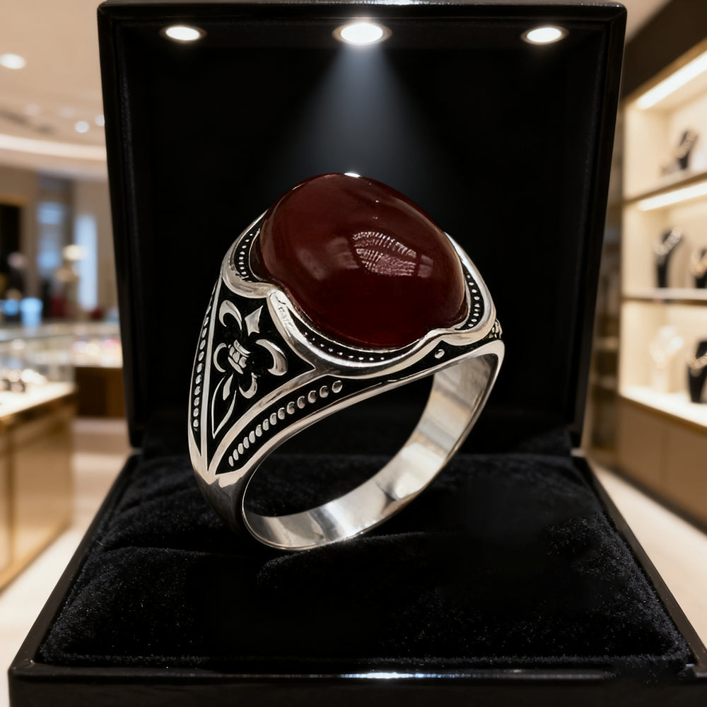 Red Agate Silver Men’s Ring