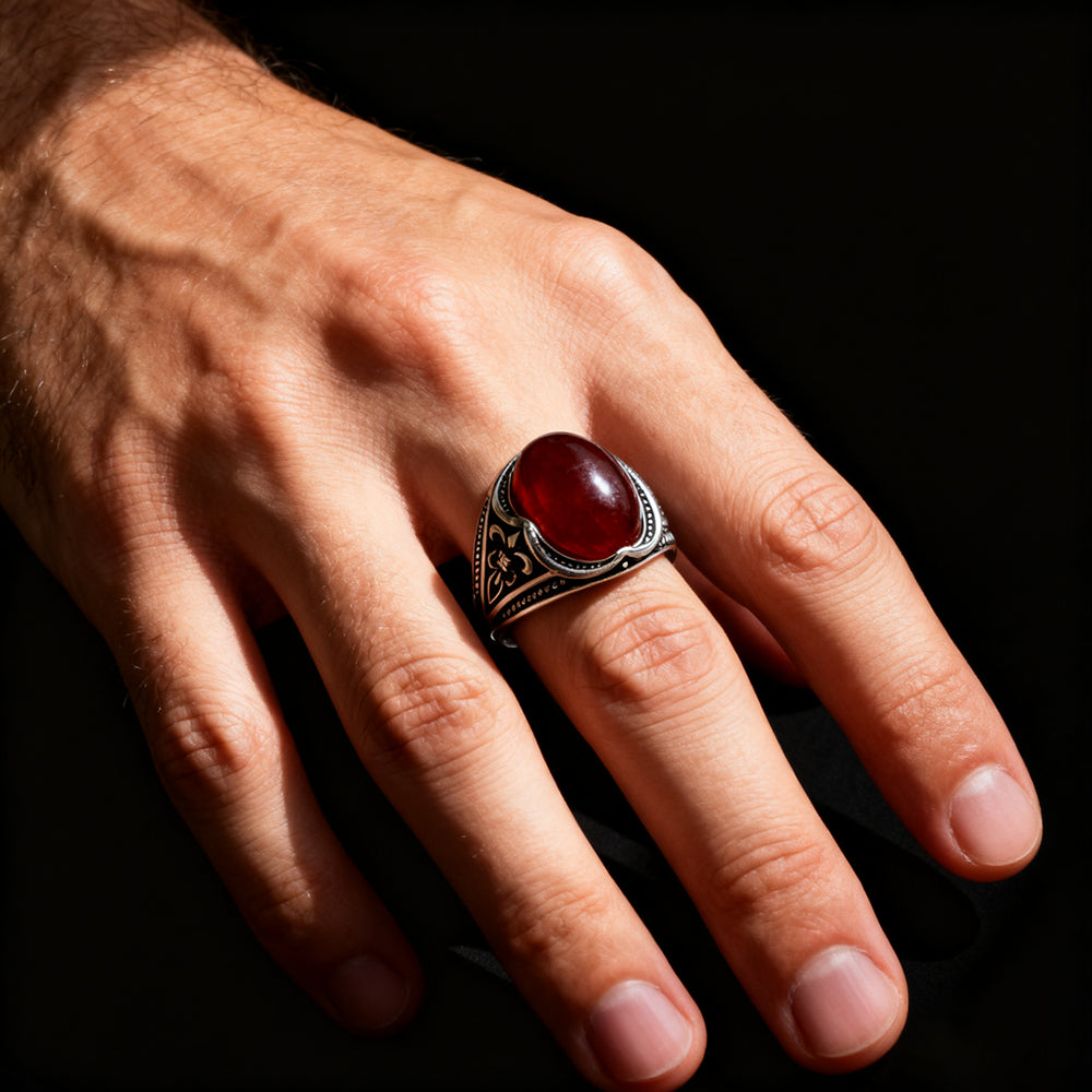 Red Agate Silver Men’s Ring
